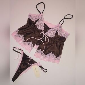 For Love And Lemons Brown and Pink Lace Cami Thong Set S Small Nwt